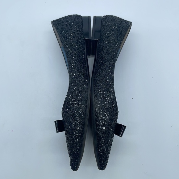 Prada Black Glitter leather bow logo embellished pointed toe ballet flats 38.5 - Picture 5 of 11